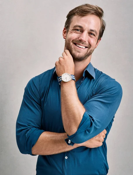 Carefree Confident Cropped Portrait Handsome Young Man Posing Studio — 스톡 사진