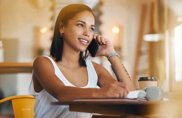 Writing Phone Networking Cafe Woman Talking Customer Coffee Shop Restaurant — Foto Stock