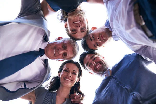 Together Always Better Portrait Group Businesspeople Putting Heads Together Huddle —  Fotos de Stock