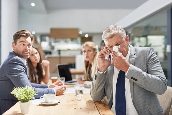 Its Time Call Doctor Businessman Blowing His Nose While His — Stock Photo, Image