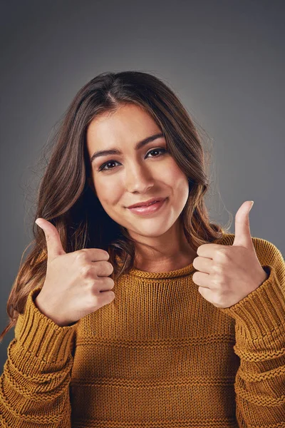 Two Thumbs You Portrait Attractive Young Woman Pulling Two Thumbs — Stok fotoğraf