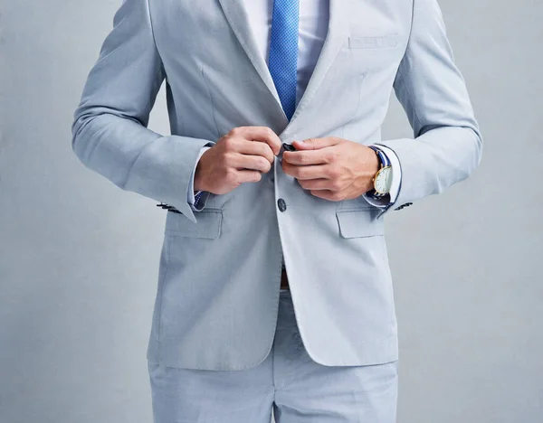 Theres Nothing Good Suit Cant Fix Studio Shot Businessman Grey — Fotografie, imagine de stoc