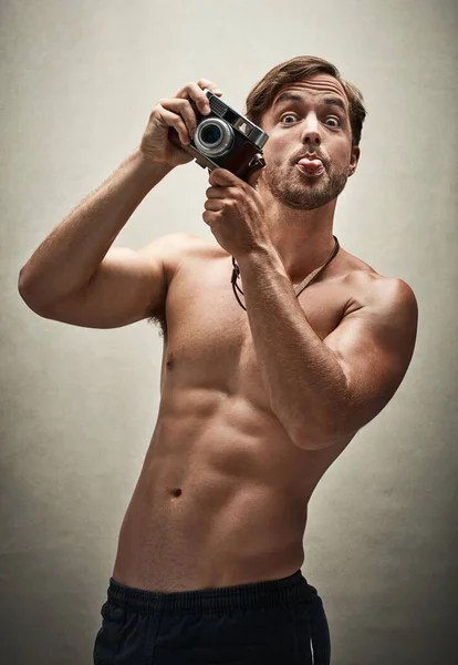 Charisma Camera Studio Shot Shirtless Young Man Taking Photos Vintage — Photo