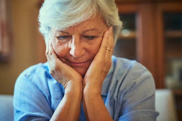 Pondering Years Gone Senior Woman Looking Thoughtful Home — Fotografia de Stock