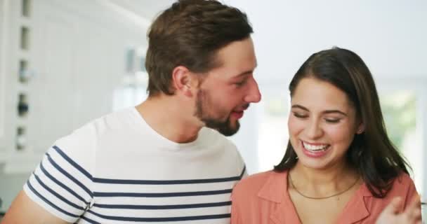 Happy Young Couple Having Messy Fun Kitchen Home Laughing Being — Stock video