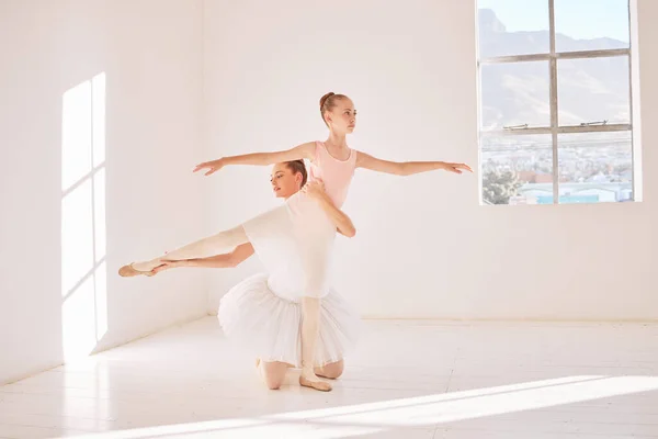 Fitness, support and ballet teacher training ballerina, helping with posture and balance in a dance studio. Flexible girl practice routine for elegant and classic performance, bonding in rehearsal.