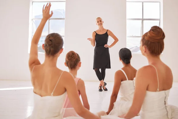 Ballet dance class, coach teaching or coaching and women learning professional dance in a studio. Young artist or girl students in training for a performance with dancing teacher.