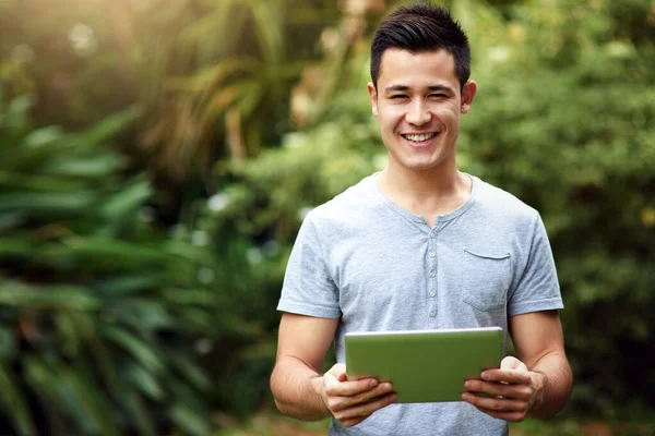 I can recommend numerous great websites to check out. Portrait of a handsome young man using a digital tablet outside