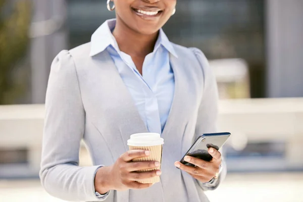 Happy black woman hands typing on phone in city on social media on work break with coffee cup. Entrepreneur browse internet or online web, writing business email sms message or texting on smartphone