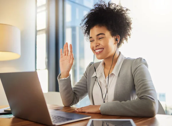 Laptop webinar, workshop training and business meeting on global zoom call in office or conference room. Happy smile woman waving and greeting on video conference tradeshow presentation or interview.