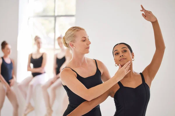 Creative, art and strict ballet dancers performing dance with support and dedication in school. Team of fit, elegant and classic women ballerinas dancing or training to perfection for theater concert.