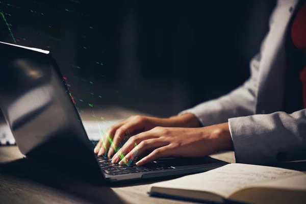 Hands working on laptop, sending emails and doing education online at desk. Cgi laser light of writer, employee or creative person typing on computer, planning a strategy and doing research for book.