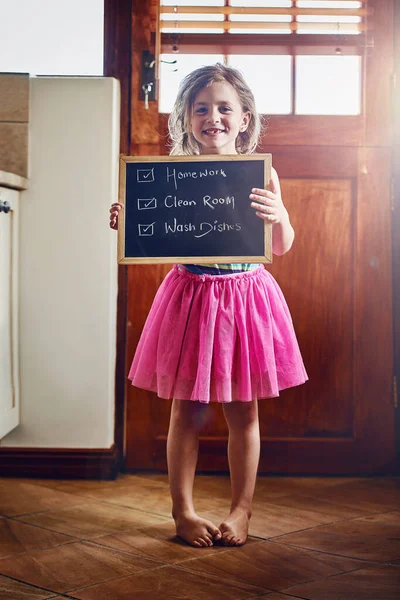 All Her Chores Done Dusted Portrait Little Girl Holding Chalkboard — Stock Photo, Image