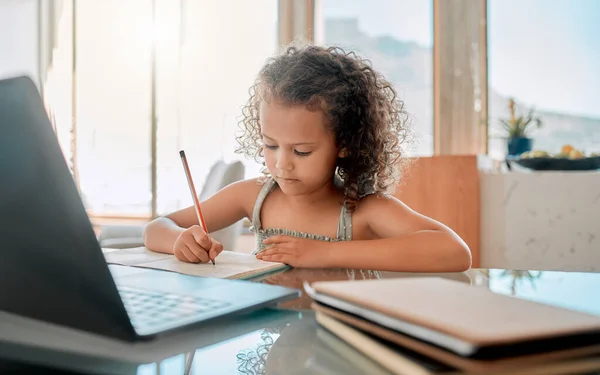 Zoom class, home school lesson and online education with little kid writing homework and test for distance learning on video call laptop. Child, young girl and student studying with virtual teaching.
