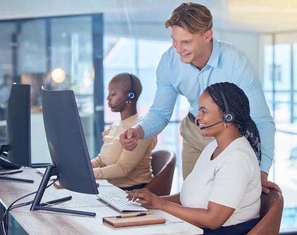Crm customer support training and web help worker with teacher on an online 5g internet phone call. Portrait of a happy call center office employee with headset and digital tech consulting coach.