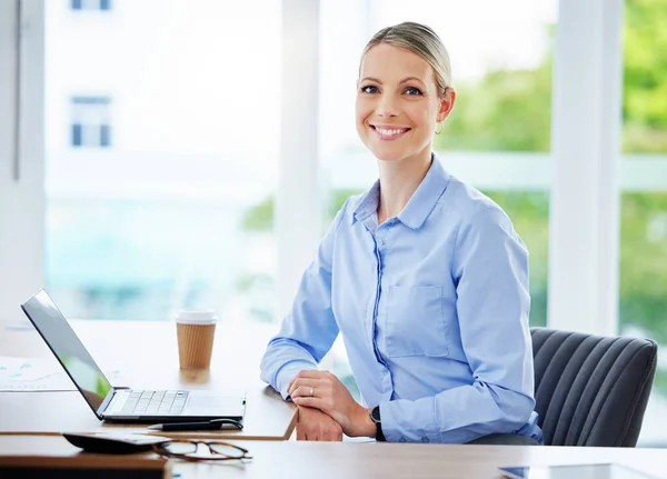 Smiling Happy Proud Business Woman Entrepreneur Leader Working Laptop Office — Stockfoto
