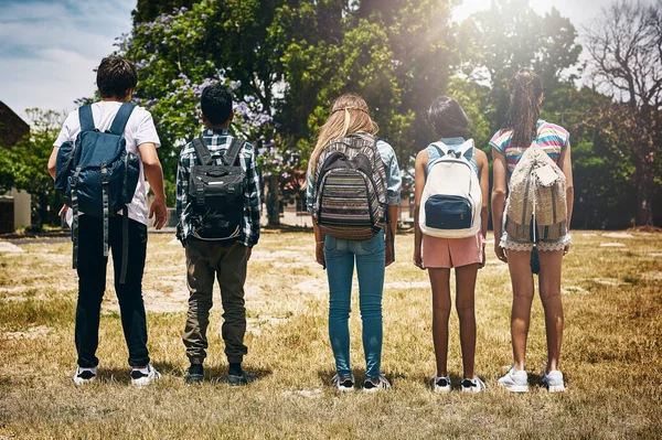 Looking forward to the future. Rearview shot of a group of unidentifiable schoolchildren standing in a line in a park