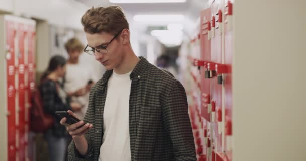 School Cyber Bullying Smartphone Sad Victim Bullied Students Locker Hallway — Stockvideo