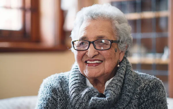 Portrait beautiful elderly woman smiling sitting on sofa at home enjoying retirement.