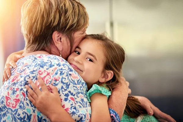Family Love Portrait Adorable Little Girl Hugging Her Grandmother Home — Stock Photo, Image