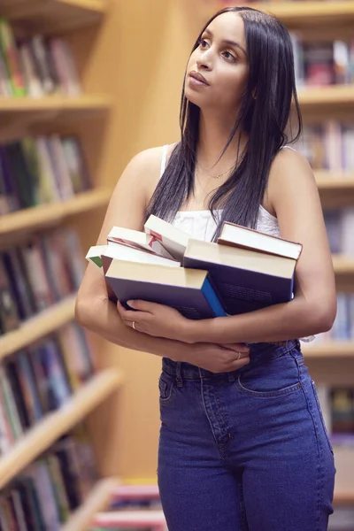 Library Education University Woman Student Looking Books Study Material Bookstore — Foto Stock