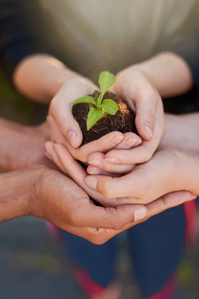 Green is a way of life. a group of people holding a plant growing out of soil