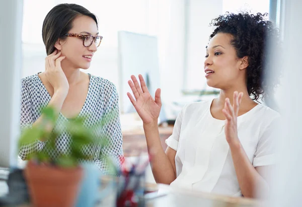 Collaborating on a design. two young female designers discussing work in the office