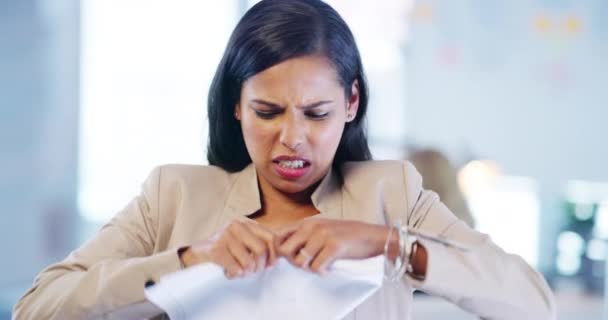 Angry Frustrated Depressed Business Woman Tearing Document Mistake Stress Mental — Video