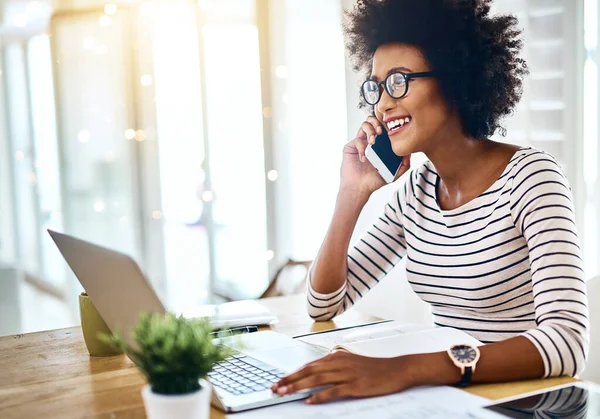 Taking Calls True Boss Portrait Cheerful Young Woman Talking Her — Foto de Stock