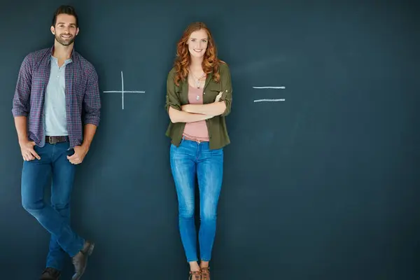 You Equals Young Couple Standing Front Blackboard Symbols Written — Fotografia de Stock