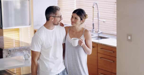 Mature Love Couple Morning Kitchen House Apartment Home Relax Smile — Stockvideo