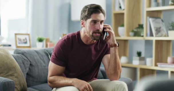 Angry Stress Frustrated Man Hanging Phone Call His Living Room — Stockvideo