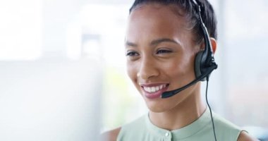 Woman at call center, contact us and telemarketing customer service help desk employee consulting a client. Contact center, customer care and insurance agent smile, laughing and friendly conversation.