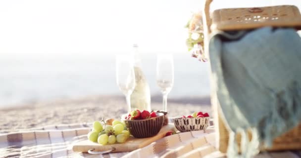 Пляжний Океанський Морський Пікнік Шампанським Їжею Фруктами Романтичного Відпочинку Літнього — стокове відео