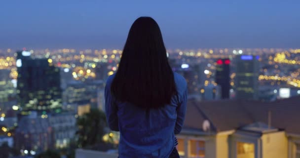 City Buildings Woman Thinking While Looking Urban Skyline Landscape Night — Stockvideo