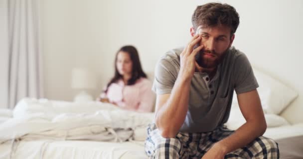 Sad Couple Bedroom Fight Communication Problem Divorce Threat Difficult News — 图库视频影像