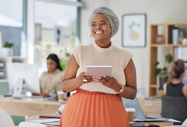 Tablet Work Happy Smile Muslim Black Woman Digital Marketing Office — Stok fotoğraf