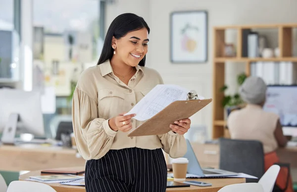 Office Woman Reading Paperwork Happy Profit Data Increase Work Business — Stok fotoğraf
