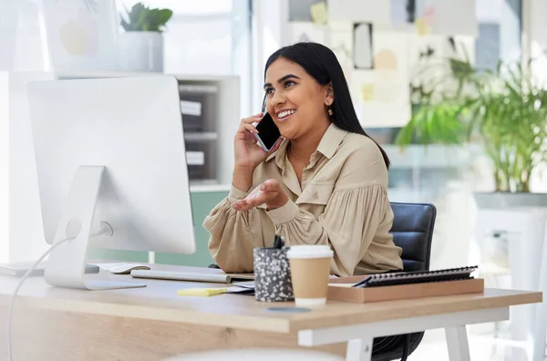 Phone call, computer and networking business woman with innovation, planning and startup strategy for customer. Smile, happy or digital marketing office employee with creative social media brand idea.