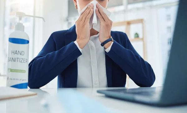 Sick business woman with covid, virus or allergies blowing running nose or sneezing with tissue in office. Entrepreneur or corporate worker with health illness, sneeze and flu employee with cold.