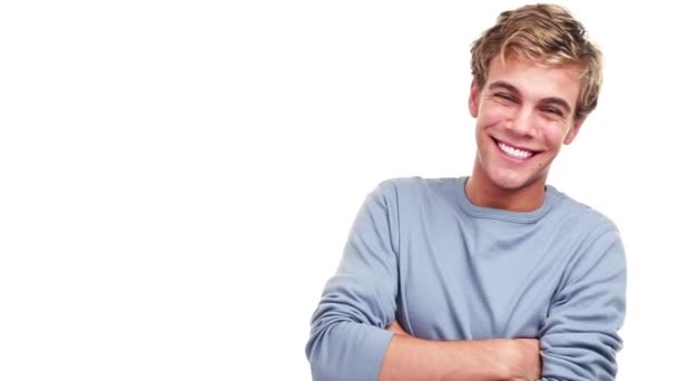 Funny Young Man Smile Laughing Cheerful Posing White Studio Background – Stock-video
