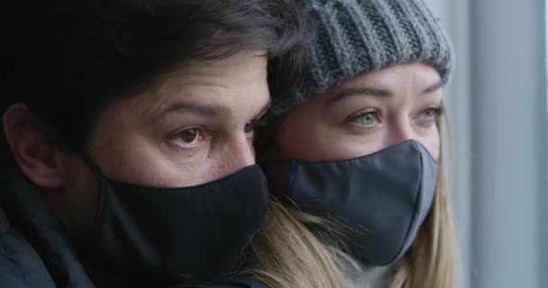 Health Safety Covid Couple Window House Cold Winter Lockdown Mask — Αρχείο Βίντεο