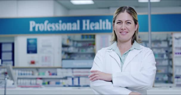 Pharmacist Medicine Healthcare Woman Employee Working Medical First Aid Consulting — Αρχείο Βίντεο