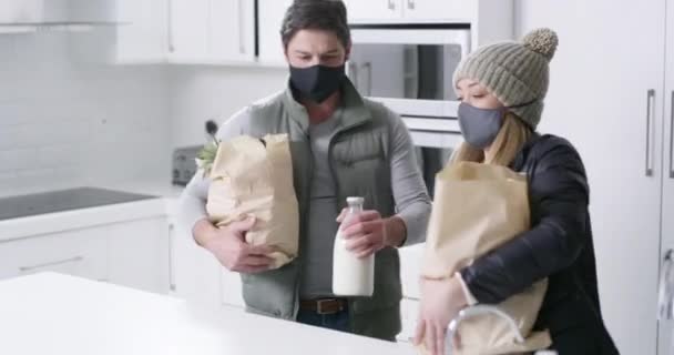 Grocery Shopping Couple Covid Face Mask Washing Hands Kitchen Food — Stockvideo