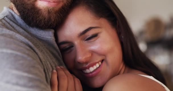 Couple Sharing Romantic Hug Love Living Room Home Portrait Happy — Stock video