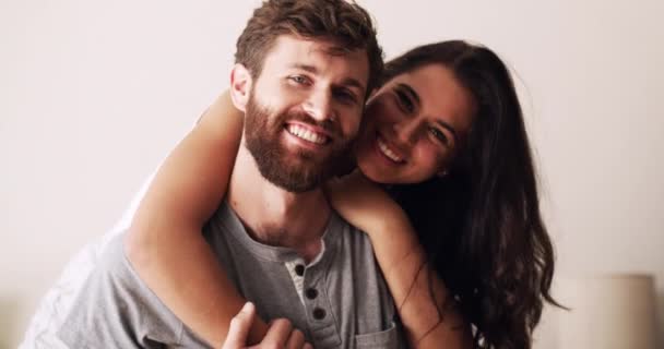 Happy Young Couple Smile Relax Embrace Hugging Bonding Affection Home — Stockvideo
