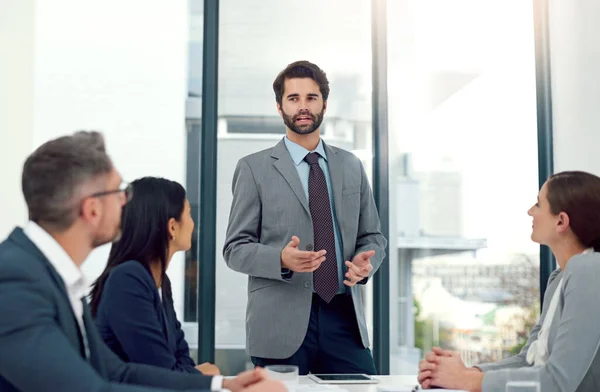 Impressing Team His Brilliant Solutions Businessman Giving Presentation His Colleagues — Foto Stock