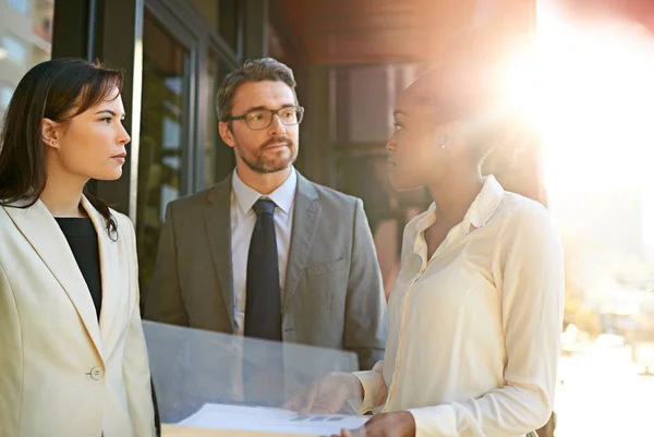 Theyre starting to see the light now. a diverse group of businesspeople having a meeting on a balcony in bright sunlight