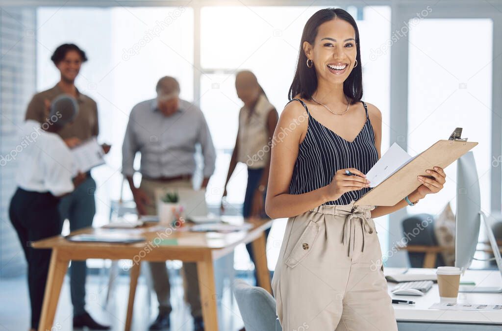 Business woman leadership, manager documents and creative designer planning for motivation, innovation and success in agency. Portrait young entrepreneur with paperwork for marketing team meeting.