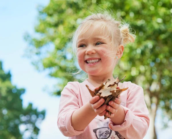 Finding fun in the small things. a cute little girl holding leaves while playing outside